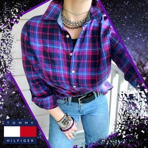 Tommy Hilfiger Preppy Plaid Half-Button-up Roll-tab Sleeve Tunic Dress Blouse